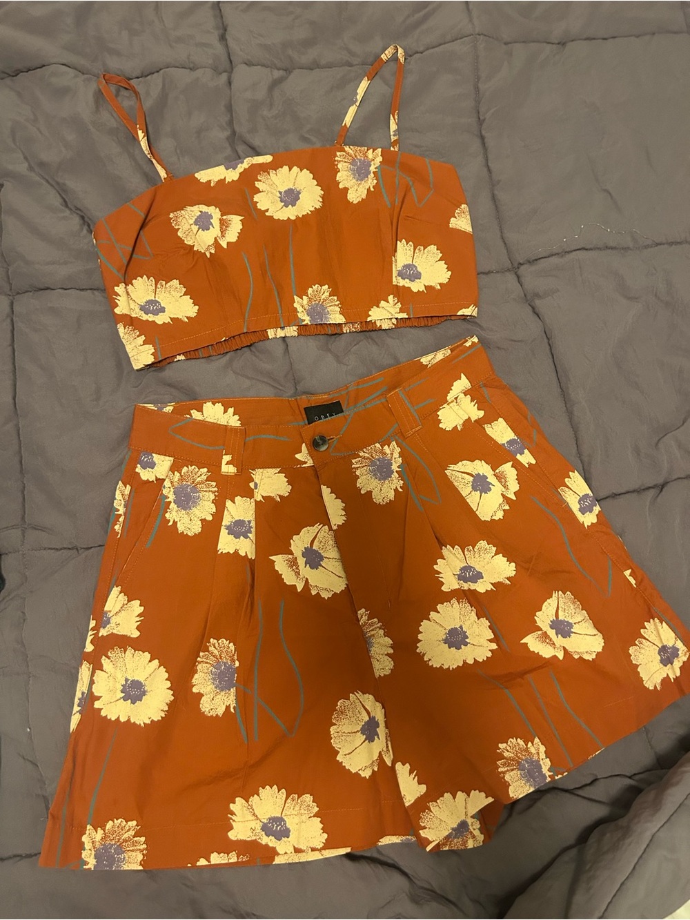 Obey Rust Orange Floral High-Waist Shorts Set